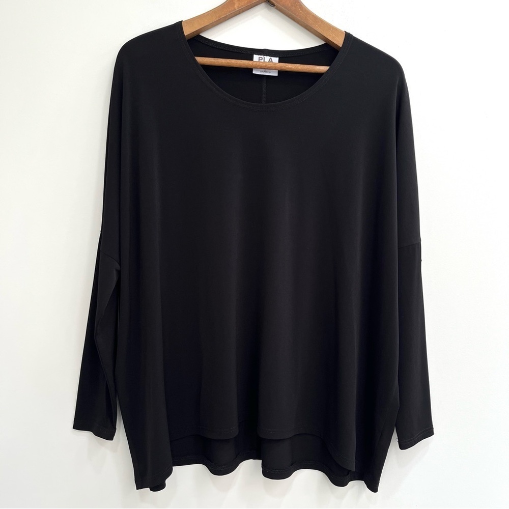 Planet by Lauren G black drop shoulder high low top jersey stretch microfiber OS